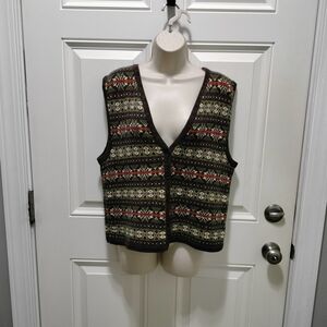 Erika Classics Vintage Multicolor Fair Isle Knit Vest Red Green Brown Womens M
